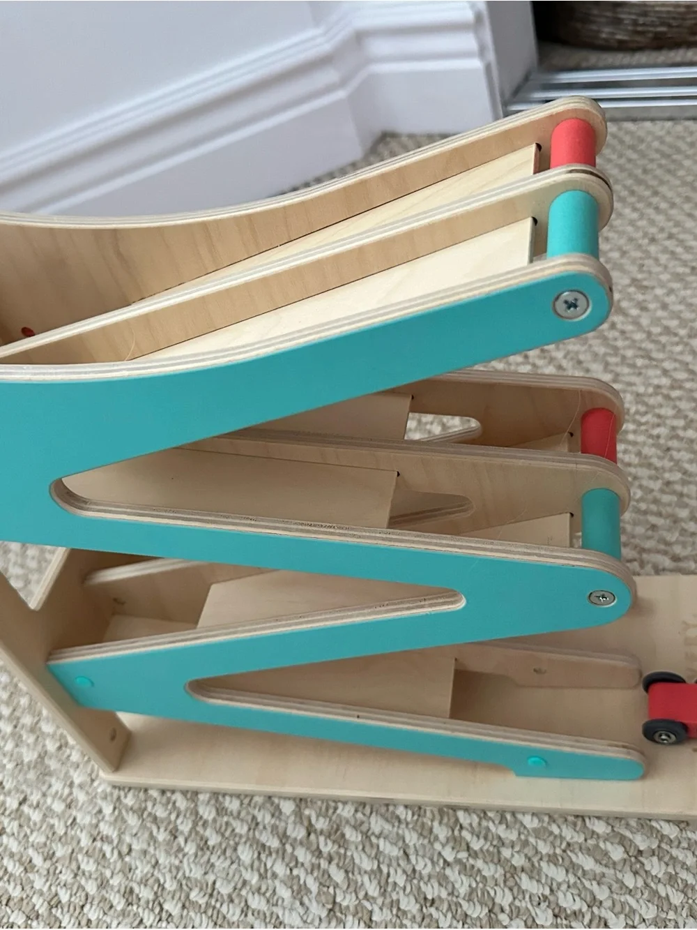 Stacking Wooden Car Ramp Toy - Teal and Red